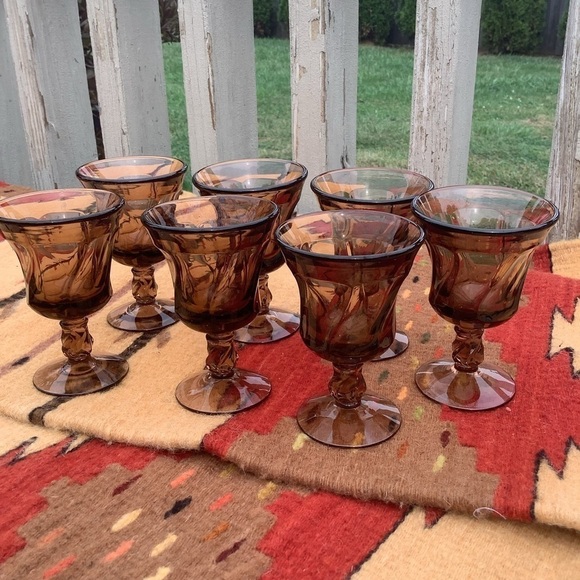 Vintage Set 7 Fostoria Jamestown Stemmed Juice Goblets Glasses Smoked Amber - Picture 1 of 6